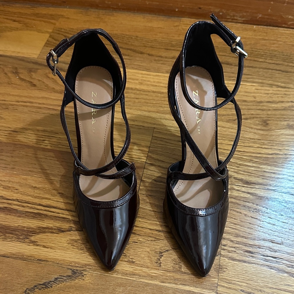 Zara TRF Pointed Toe Double Strap Elegant Burgundy Patent Heels